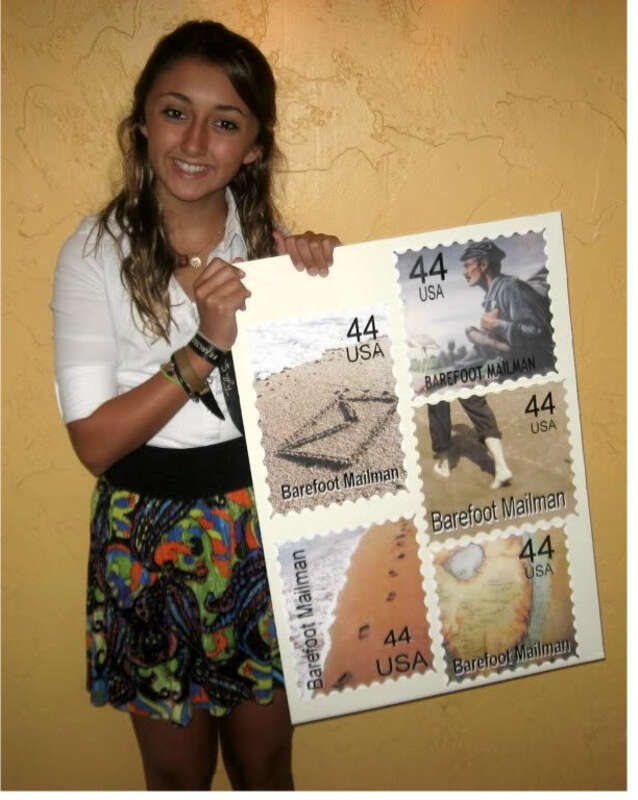 Hayley Crowell of Boca Raton holds five &quot;postage stamps&quot; she designed in an effort to get the USPS to issue acommemorative stamp to honor the Barefoot Mailmen of the 1880's &amp;amp; 90's. (2010 photo) Hayley has a popular Facebook page that chronicles