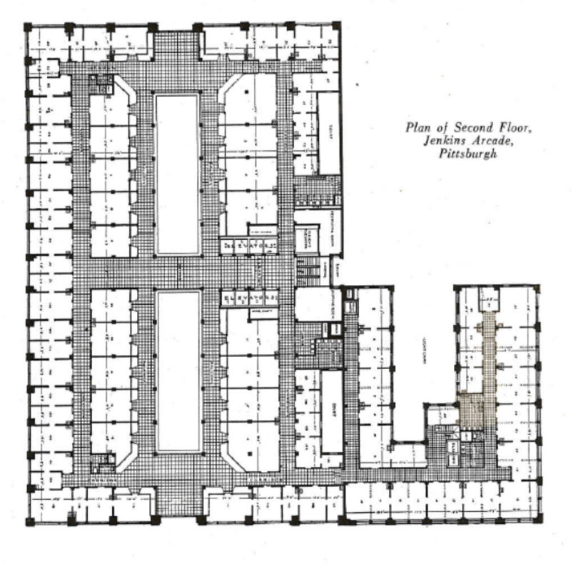 Jenkins Arcade second floor plan, bordered by Penn Avenue, Fifth Street, Stanwix (formerly Ferry) Street, and Liberty Avenue, Pittsburgh, Pennsylvania. Demolished 1984. The first three floors consisted of a shopping arcade with an atrium; offices