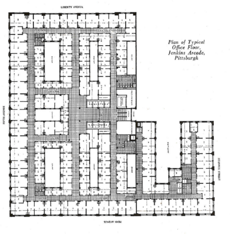 Jenkins Arcade typical floor plan, bordered by Penn Avenue, Fifth Street, Stanwix (formerly Ferry) Street, and Liberty Avenue, Pittsburgh, Pennsylvania. Demolished 1984. The first three floors consisted of a shopping arcade with an atrium; offices