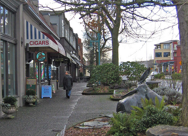 A wide sidewalk furniture zone containing mature trees and sculpture creates an interesting environment for pedestrians. 
This work is licensed under a
Creative Commons Attribution 3.0 United States License.

Please Attribute to: Brett VA