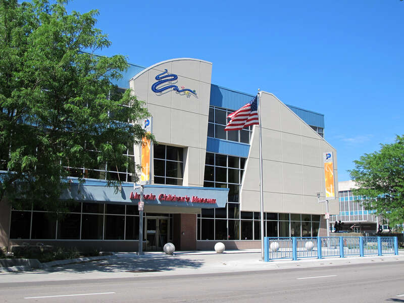 Photo of the Lincoln Children's Museum, 1420 &quot;P&quot; Street in Lincoln, Nebraska.  Photo is looking northeast from the south side of &quot;P&quot; Street, towards the south side and main entrance of the museum.