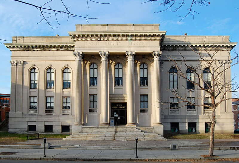Neoclassical architecture of the Lynn Public Library, on the Lynn common, Massachusetts