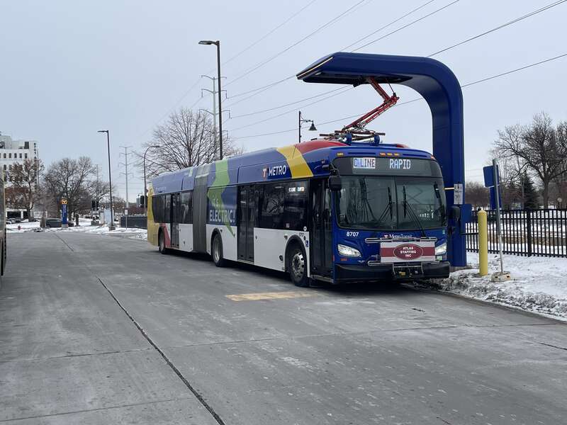 METRO C Line electric bus charging at Brooklyn Center Transit Center in Minnesota.