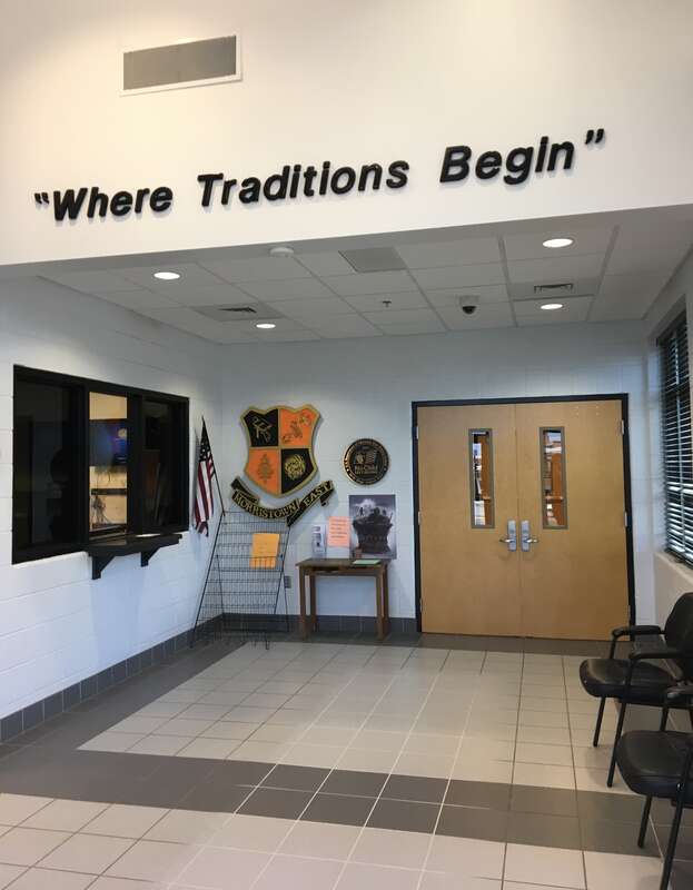 The entrance to Morristown-Hamblen High School East taken in 2018. The school is located in Morristown, Tennessee, U.S.