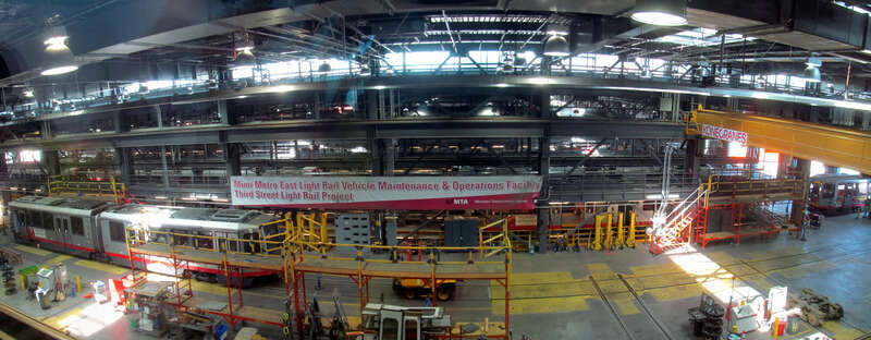 Muni Metro East streetcar bays viewed from a fourth floor window in July 2017