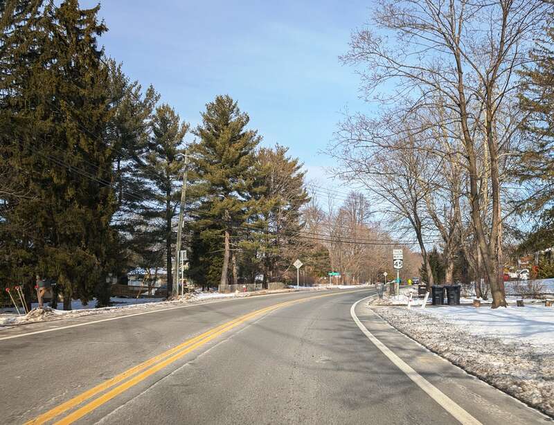Photo of northbound New York State Route 45 (Chestnut Ridge Road) in the village of Chestnut Ridge within the town of Ramapo, New York showing the first shield for the route heading northbound (signed as &quot;Truck NY 45&quot;) past the New Jersey state line.