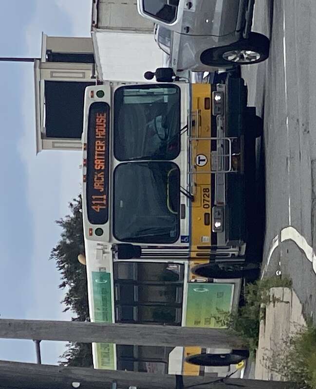 MBTA route 411 bus on VFW Parkway in August 2023