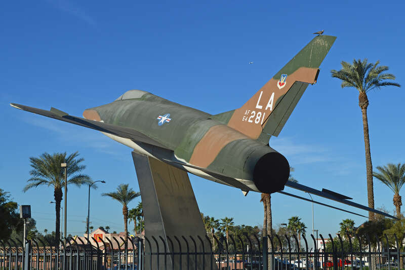 This F-100 is preserved in the markings of the nearby Luke AFB.
Full military serial 54-2281.
c/n 223-161.
On display in Harry Bonsall Park (North). Glendale, Arizona.

13-2-2014