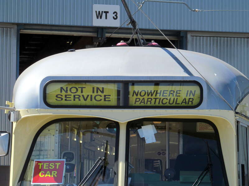 Muni's famed &quot;Nowhere In Particular&quot; rollsign on newly-restored #1059 during testing at Muni Metro East in July 2017