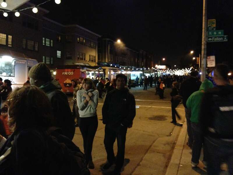 Off the Grid party. Food trucks on the street outside the Oakland Museum of California. Stumbled upon this on our way home!