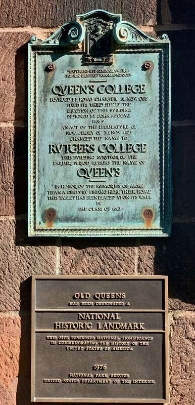 National Historic Landmark plaque for Old Queens in New Brunswick, New Jersey. Also a contributing property of Queens Campus, Rutgers University.