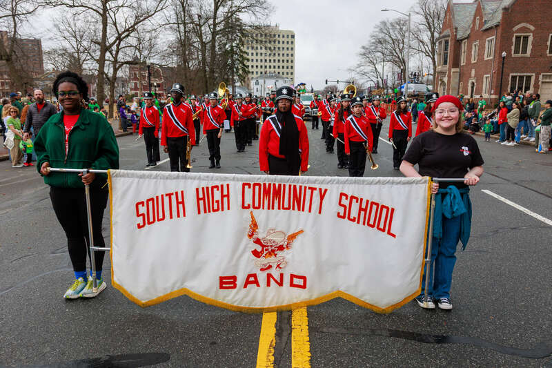South High Community School (SHCS) marching band in the 2025 St. Patrick's Day Parade in Worcester, Massachusetts
