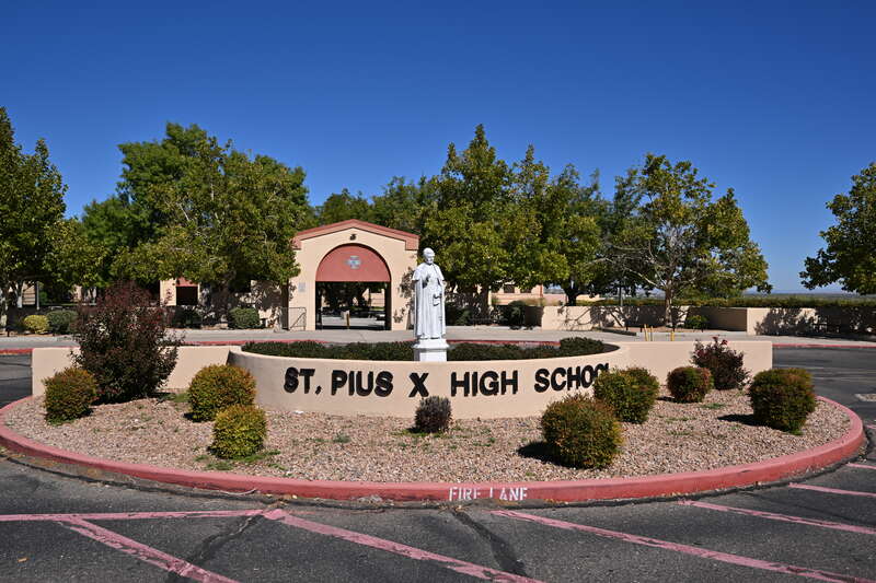 The sign at the front of St. Pius X High School a private, Catholic high school located on a 40-acre campus on the west side of Albuquerque. It is part of the Roman Catholic Archdiocese of Santa Fe. 5301 Saint Joseph's Drive NW, Albuquerque, New