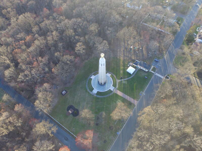 Overhead view of the Thomas Alva Edison Memorial Tower and surrounding park, taken from above, looking Southwest