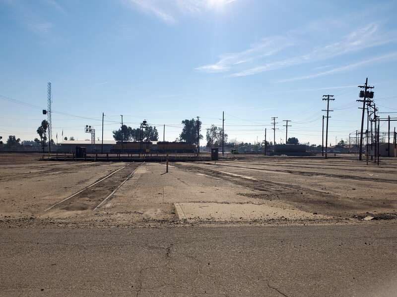 A largely disused turntable and remains of the former roundhouse at the Union Pacific (ex-Southern Pacific) yard in Bakersfield in December 2021