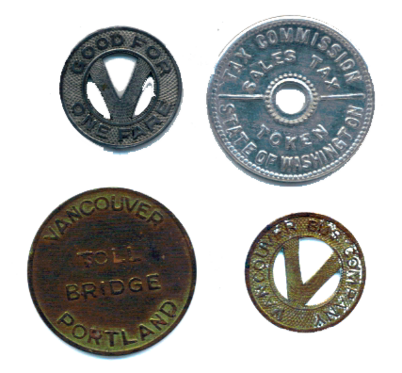 Three bus, toll-bridge and sales-tax tokens used in or around Vancouver, Washington, in the mid-20th century. The hollowed "V" coin reads "VANCOUVER BUS COMPANY" on one side and "GOOD FOR ONE FARE" on the opposite. The "VANCOUVER PORTLAND TOLL