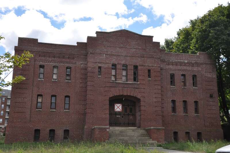 A photo of the historic Company F State Armory in Waltham, Massachusetts.