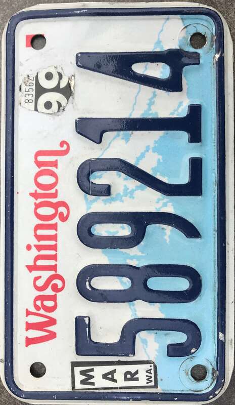 Washington state license plate for a motorcycle, format issued between 1986 - 1999