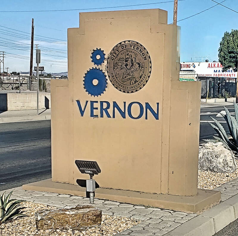 City boundary marker for the city of Vernon, California, on District Blvd., northwest of Atlantic Blvd.
