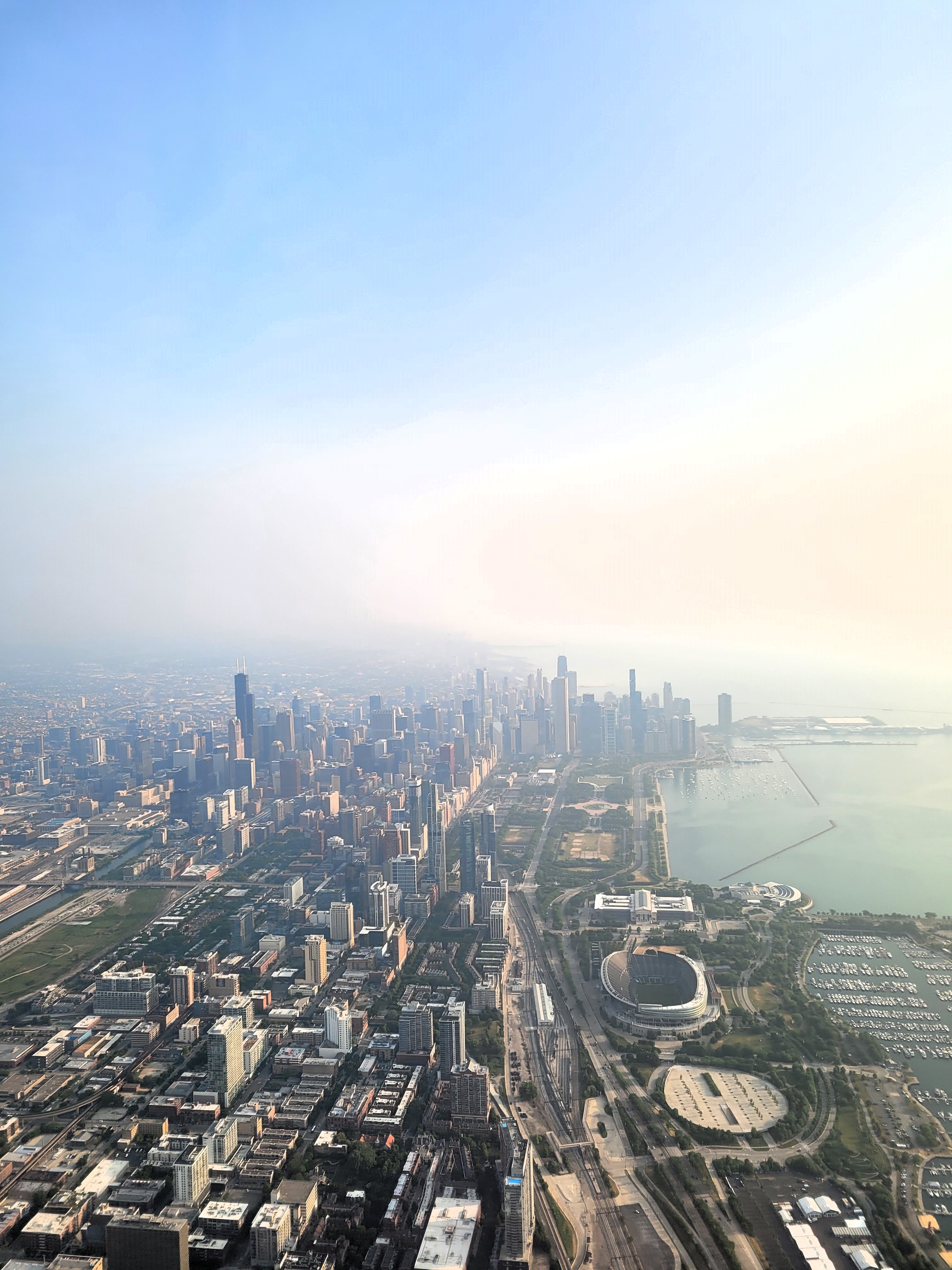 An aerial view of the city of Chicago with smoke from the Canadian wildfires in the air in late June 2023.