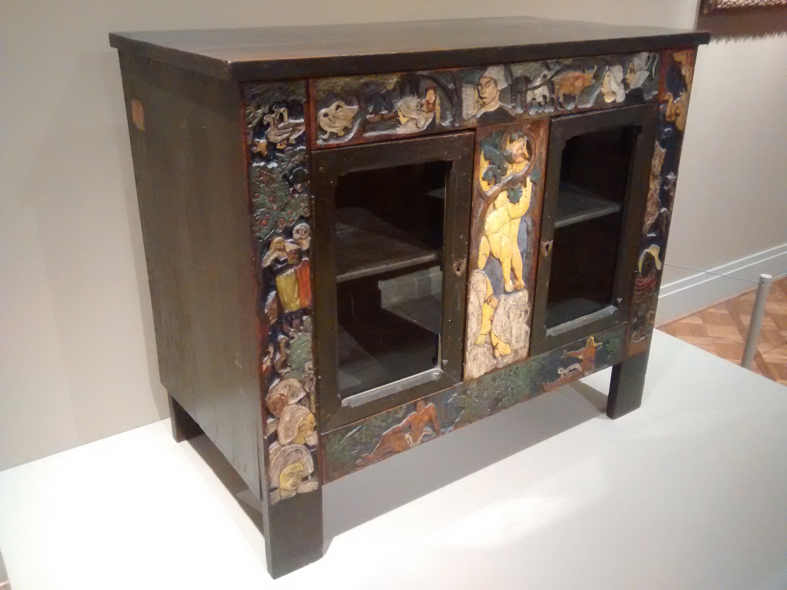 Earthly Paradise (1888). Carved and painted wood cabinet. By Paul Gauguin and Emile Bernard. According to the Art Institute of Chicago, where this work is on display, Bernard carved the left vertical panel, and Gauguin carved the center panel, right