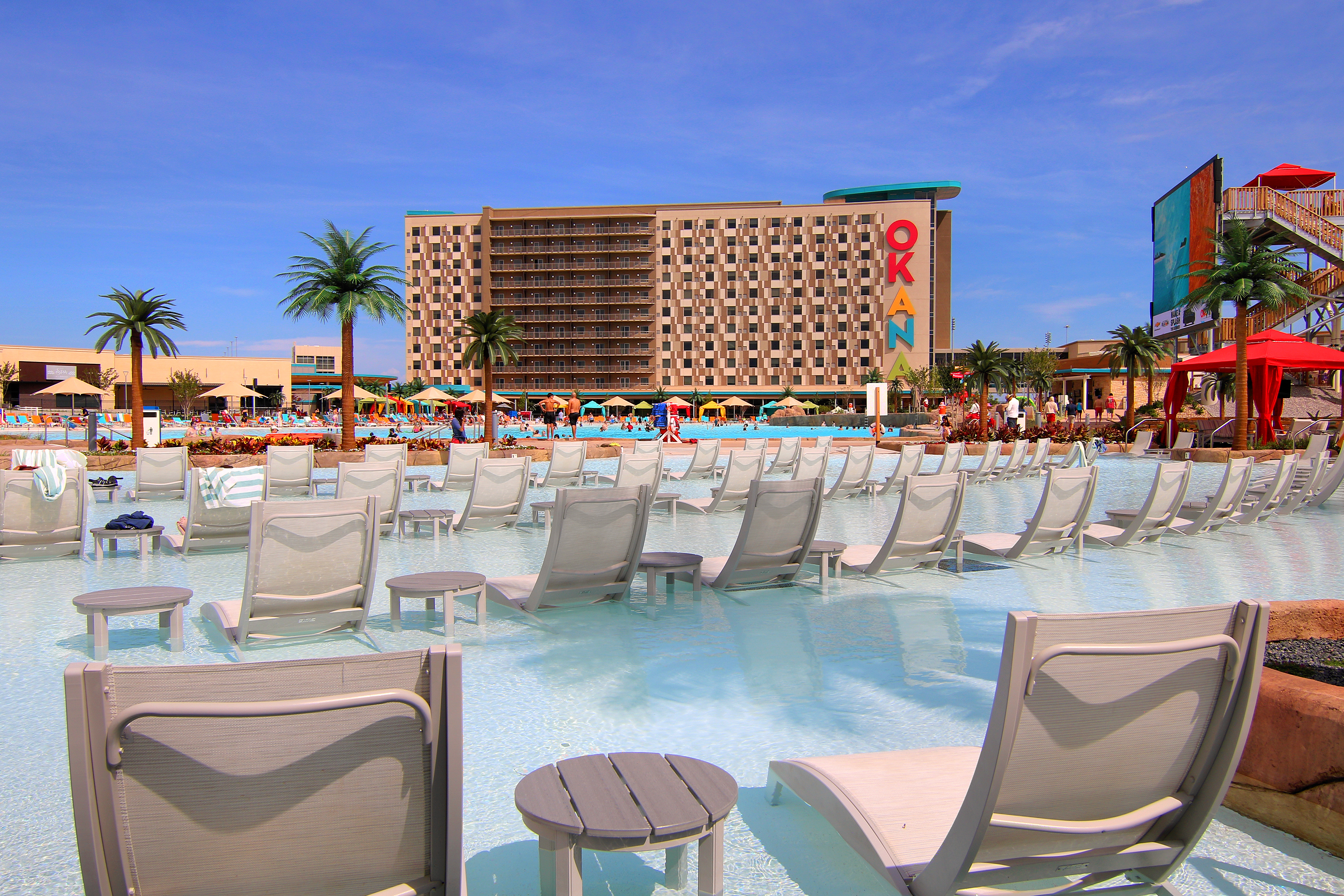 The outdoor pool area at OKANA Resort &amp; Indoor Waterpark in Oklahoma City, Oklahoma, United States.