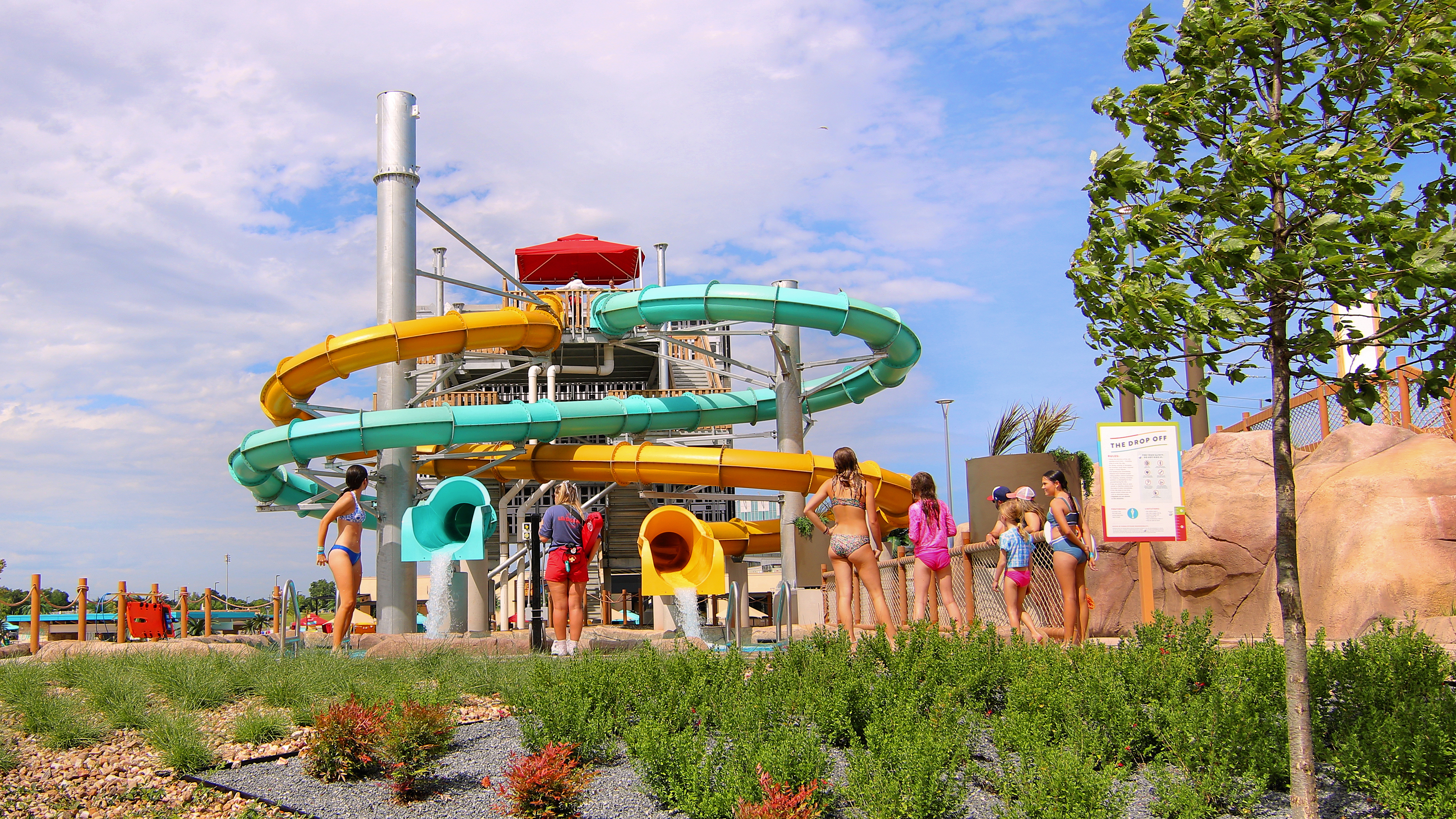 Outdoor waterslides at OKANA Resort &amp; Indoor Waterpark hotel in Oklahoma City, Oklahoma, United States.