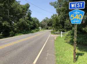 View west along Salem County Route 540 (Almond Road) just west of Salem County Route 645 (Parvins Mill Road) in Pittsgrove Township, Salem County, New Jersey