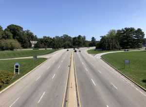 View north along U.S. Route 1 (Baltimore Pike) from the overpass for Longwood Road along the border of East Marlborough Township and Kennett Township in Chester County, Pennsylvania