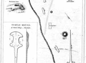 Artificial, ceremonial earthwork, called effigy mound, in the shape of an animal, near Waukesha, Wisconsin, USA, created by prehistoric native Americans. Then identified as turtle, now linked to a water spirit. Steel engraving, mid 19th century.