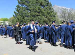 BYU graduates waiting to march to the Marriott Center for Commencement.