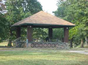 Southern side of the bandstand in Garvin Park, located northwest of the junction of Heidelbach and Morgan Avenues in Evansville, Indiana, United States.  Built in 1935, the bandstand and the rest of the park are listed on the National Register of