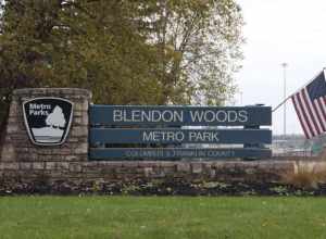 Blendon Woods Metro Park Entrance Sign taken in early November. Ohio State Route 161 can be seen in the background.