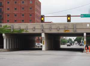 The Sheridan Avenue entrance to the Bricktown district of Oklahoma City, Oklahoma (United States).
