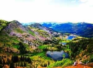 The 3 Sisters Lakes, Lake Catherine, Margaret, and Mary in Brighton, UT as seen from the summit of Sunset Peak. Big Cottonwood Canyon. Not even a cloudy day can steer this view away from being beautiful. Summit of Sunset Peak, Big Cottonwood Canyon,