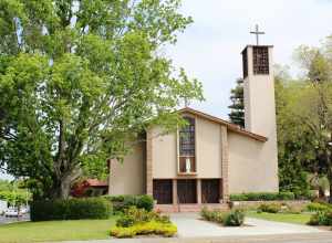 The entrance of the Cathedral of St. Eugene in Santa Rosa, CA, facing NNE