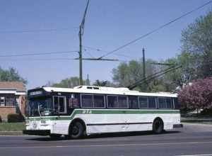 Trolleybus 901 of MVRTA (now GDRTA), of Dayton, Ohio, turning onto Dorothy Lane from Shafor Blvd. (in Kettering), on a short-turn trip on route 5-Far Hills, in 1987.  It was starting a trip north on route 5-Salem Avenue to Hillcrest Avenue (a route