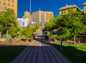 
500px provided description: Down The Pathway [#sky ,#city ,#sunset ,#street ,#downtown ,#urban ,#architecture ,#building ,#plaza ,#Texas]