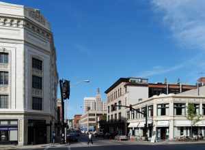 Downtown Providence, Rhode Island (Downcity), corner of Washington and Empire Streets. Trinity Repertory Company at left.