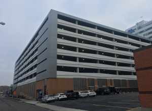 The Ellicott-Goodrich Parking Garage on the Buffalo Niagara Medical Campus, as seen from the rear parking lot of the original Anchor Bar, December 2019.