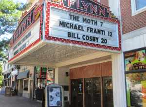 The marquee of the Flynn Theatre on Main Street in Burlington, Vermont, part of the Flynn Center for the Performing Arts.