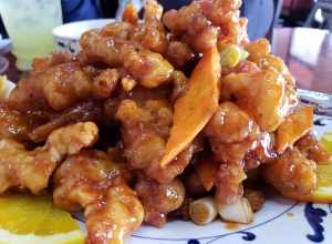 Crispy chicken with orange flavor served at a Chinese American cuisine restaurant off Plaza boulevard in National City, California