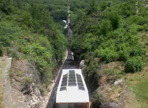 The Lookout Mountain Incline Railway, as seen from the top of Lookout Mountain.  The rail runs a mile's length down the side of the mountain.