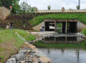 The Little Sugar Creek Greenway in Charlotte, North Carolina, looking south toward the E 4th Street overpass.