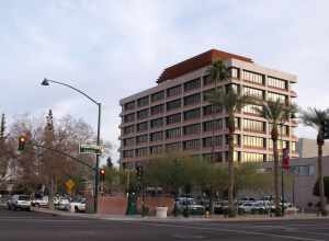 Photograph of downtown Mesa, Arizona, showing Mesa City Plaza (the city hall and municipal offices). 
This photo was taken at the northwest corner of Center Street and Pepper Place.