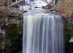 Minneopa Falls, Minneopa State Park, Minnesota, USA. Photo taken at sunset with unusually high water for late fall, several days after a severe thunderstorm.