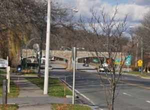 The Hammond Pond Parkway at Route 9 in Newton, Massachusetts.