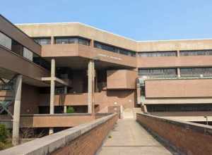 Ekstrom hall of Naugatuck Valley Community College. Picture taken from lower bridge