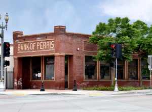 Bank of Perris building, 4th and D Streets, Perris, California, built 1918, currently (2019) home of the Perris Valley Historical Association Archival Library[1]