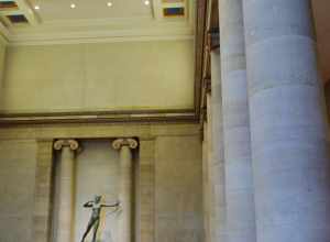 The lobby, showcasing Diana, a copper sculpture by Irish-born American Augustus Saint-Gaudens. She had been commissioned as the weather vane for the Madison Square Garden building in New York City; upon the building's demolition in 1925, she was